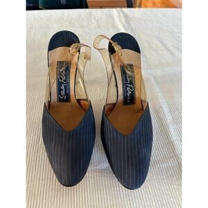 Vintage Stanley Philipson Designer Collection Heels 8M Navy Pinstripe Slingback